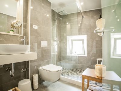 Ensuite bathroom with walk-in shower in Vivid flat with lofted bedroom